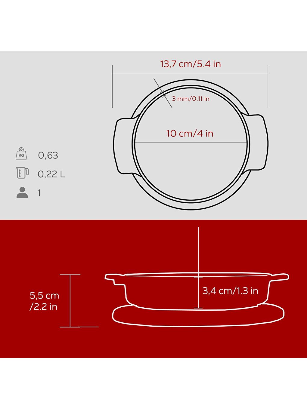 Bordo Yuvarlak Güveç Kabı Döküm Demir Yekpare Çift Kulplu Kayın Servis Ahşabı Çap(Ø)11cm.-4