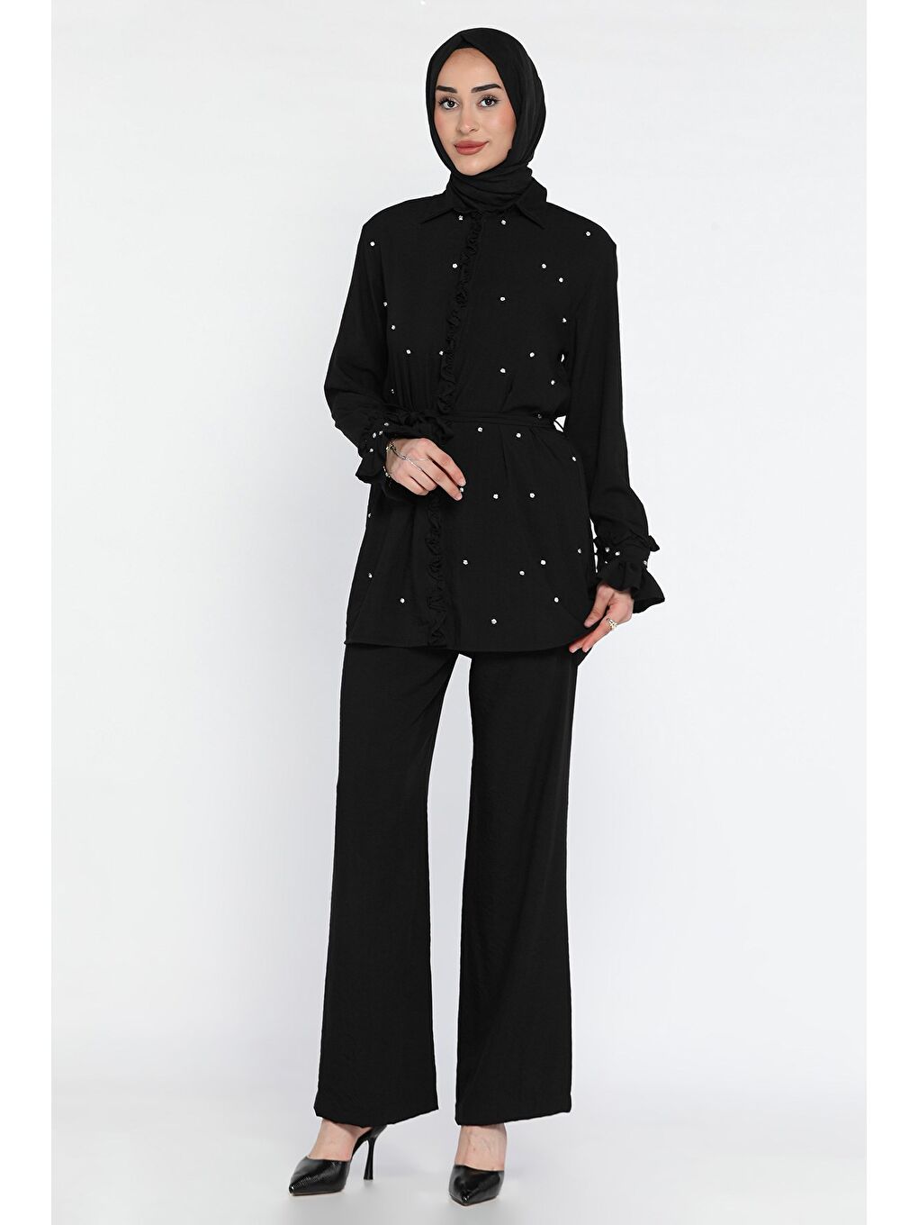 Siyah Tesettür Bel Kuşaklı Taşlı Tunik Pantolon İkili Takım-1
