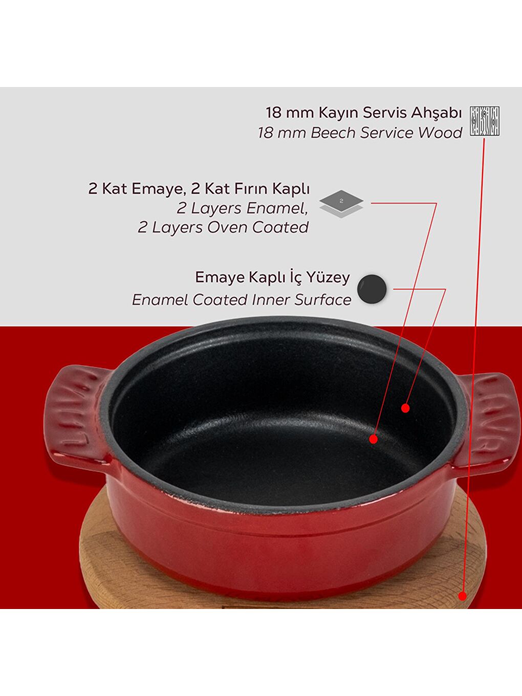 Bordo Yuvarlak Güveç Kabı Döküm Demir Yekpare Çift Kulplu Kayın Servis Ahşabı Çap(Ø)11cm.-5