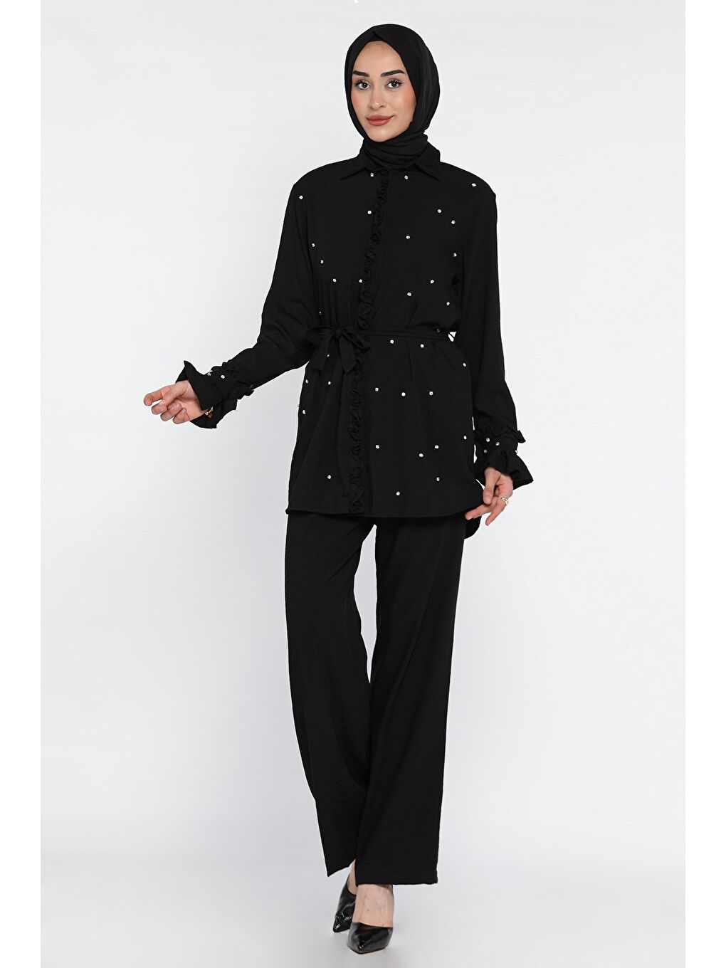 Siyah Tesettür Bel Kuşaklı Taşlı Tunik Pantolon İkili Takım-2