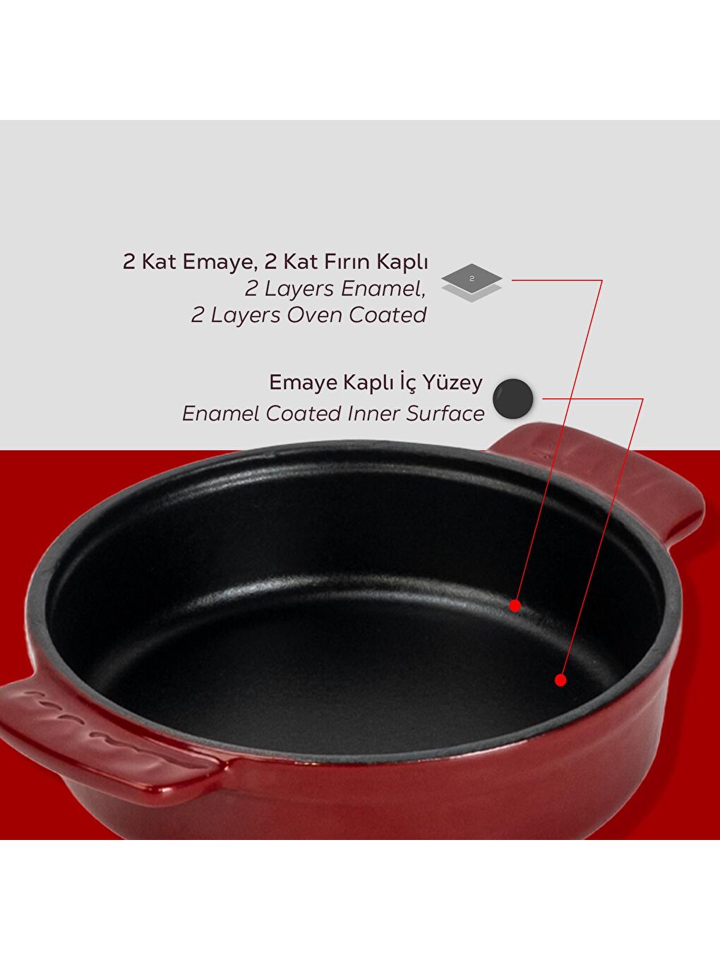 Bordo Yuvarlak Güveç Kabı Döküm Demir Yekpare Çift Kulplu Çap(Ø)14cm.-5