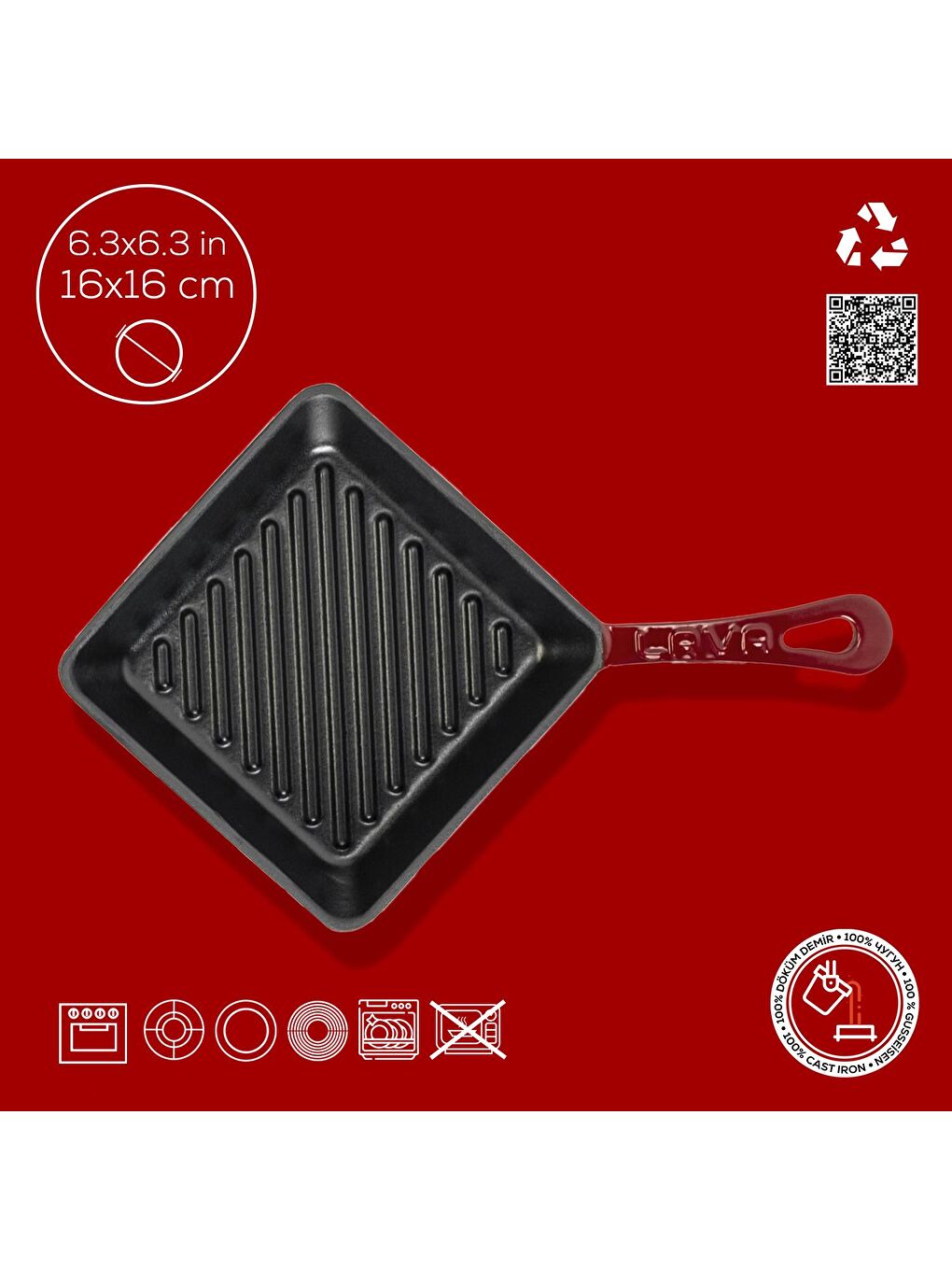 Bordo Mini Kare Izgara Tava Döküm Demir Yekpare Saplı Ölçü 16x16cm.-3