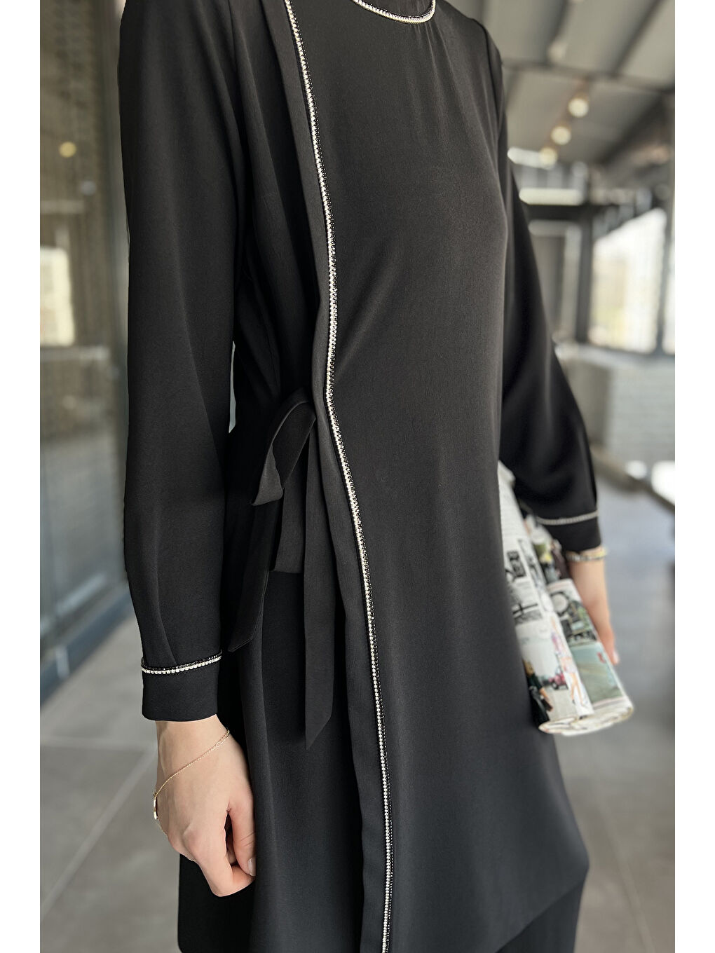 Siyah Kadın Büyük Beden Taşlı Tunik Pantolon Tesettür İkili Takım-4