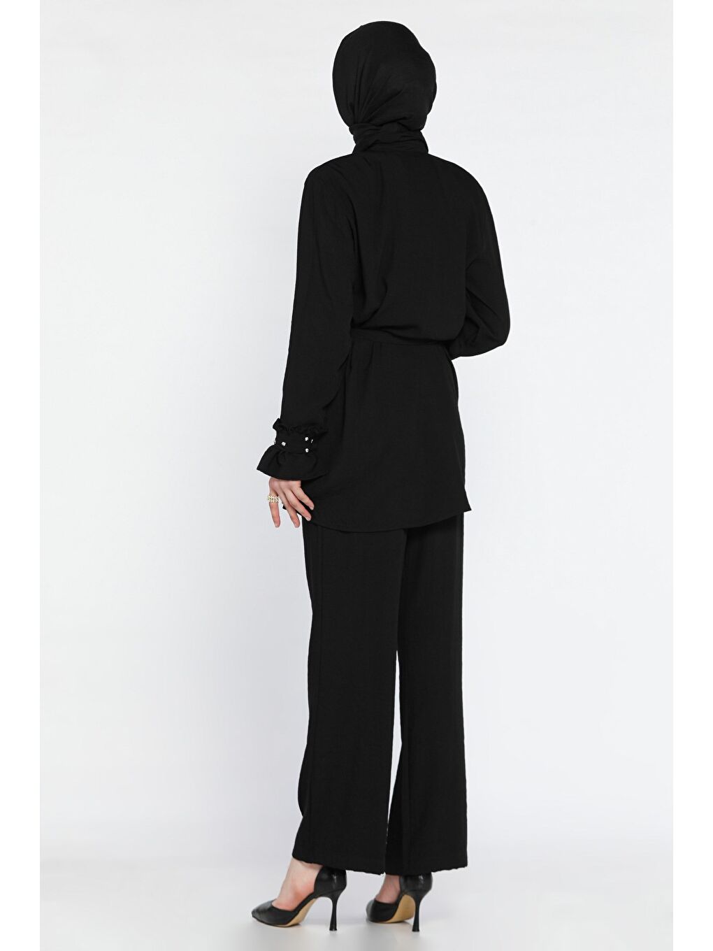 Siyah Tesettür Bel Kuşaklı Taşlı Tunik Pantolon İkili Takım-5