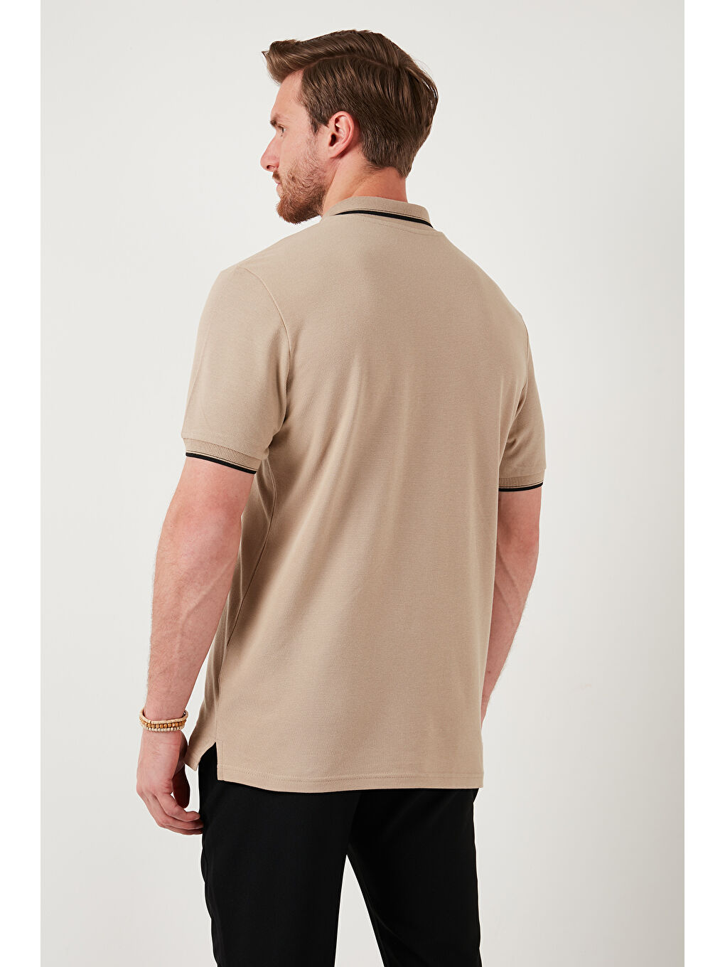 Kahverengi Pamuklu Slim Fit Şerit Detaylı Düğmeli Polo Yaka 4'lü Paket %100 Pamuk Tişört 5902118S4-5