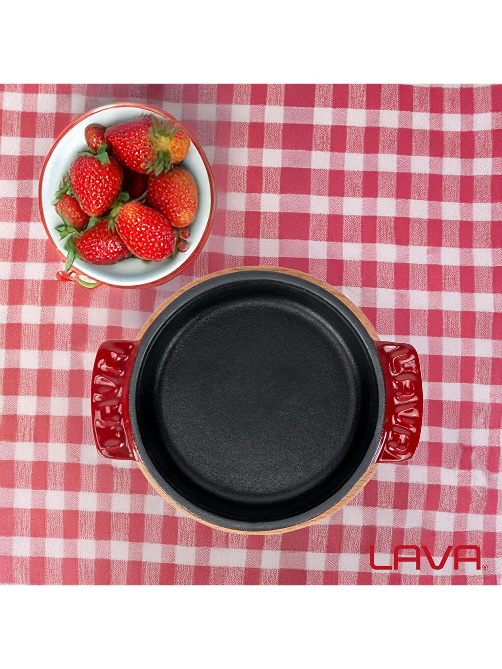 Bordo Yuvarlak Güveç Kabı Döküm Demir Yekpare Çift Kulplu Kayın Servis Ahşabı Çap(Ø)11cm.-6