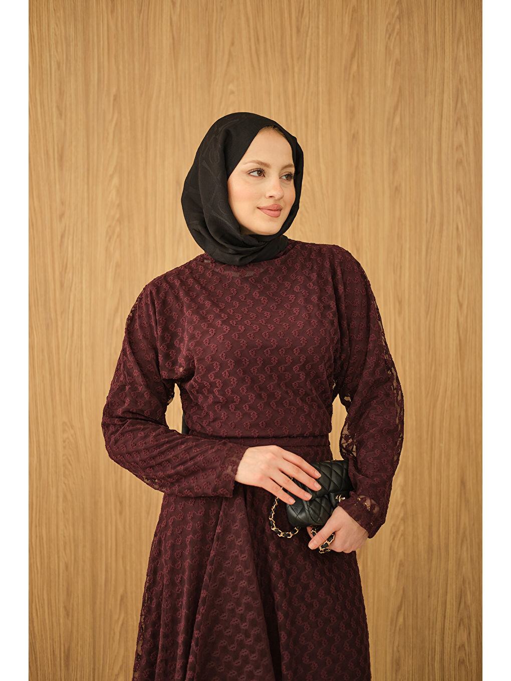 Kadın Kendinden Desenli Etekli Takım Bordo-2