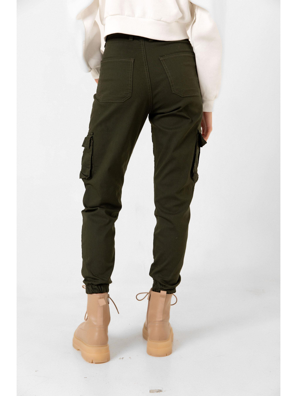 Haki Jogger Rahat Kalıp Paça Lastikli Kargo Cepli Gabardin Kadın Pantolon-2