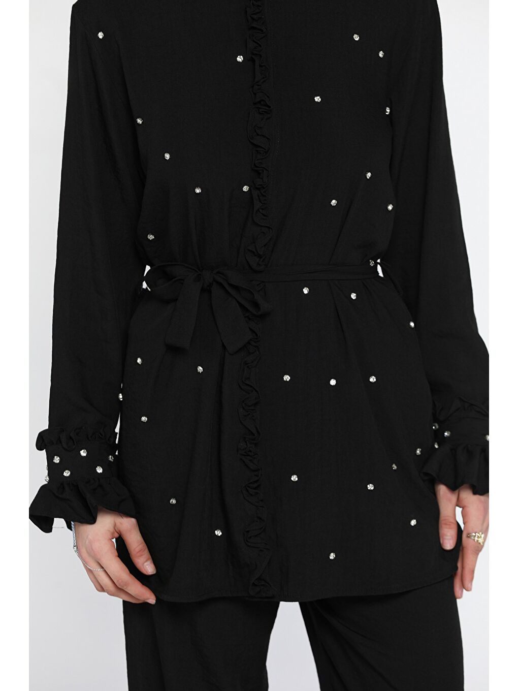 Siyah Tesettür Bel Kuşaklı Taşlı Tunik Pantolon İkili Takım-7