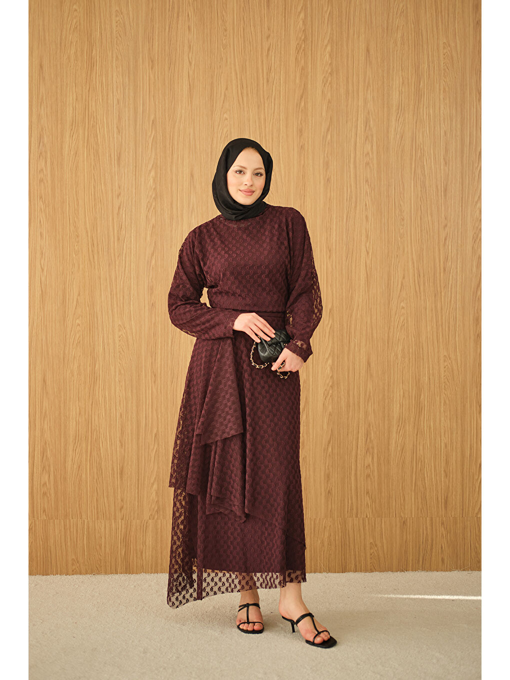 Kadın Kendinden Desenli Etekli Takım Bordo-3