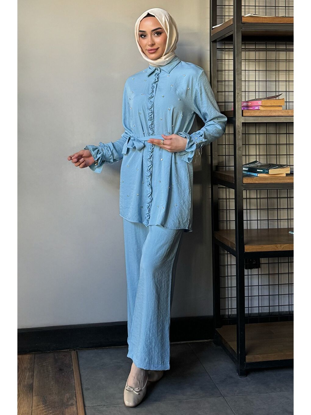 Mavi Tesettür Bel Kuşaklı Taşlı Tunik Pantolon İkili Takım-2