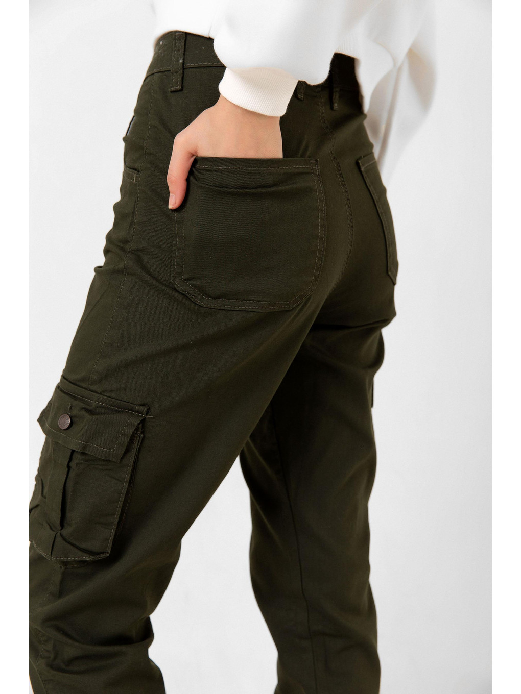 Haki Jogger Rahat Kalıp Paça Lastikli Kargo Cepli Gabardin Kadın Pantolon-7