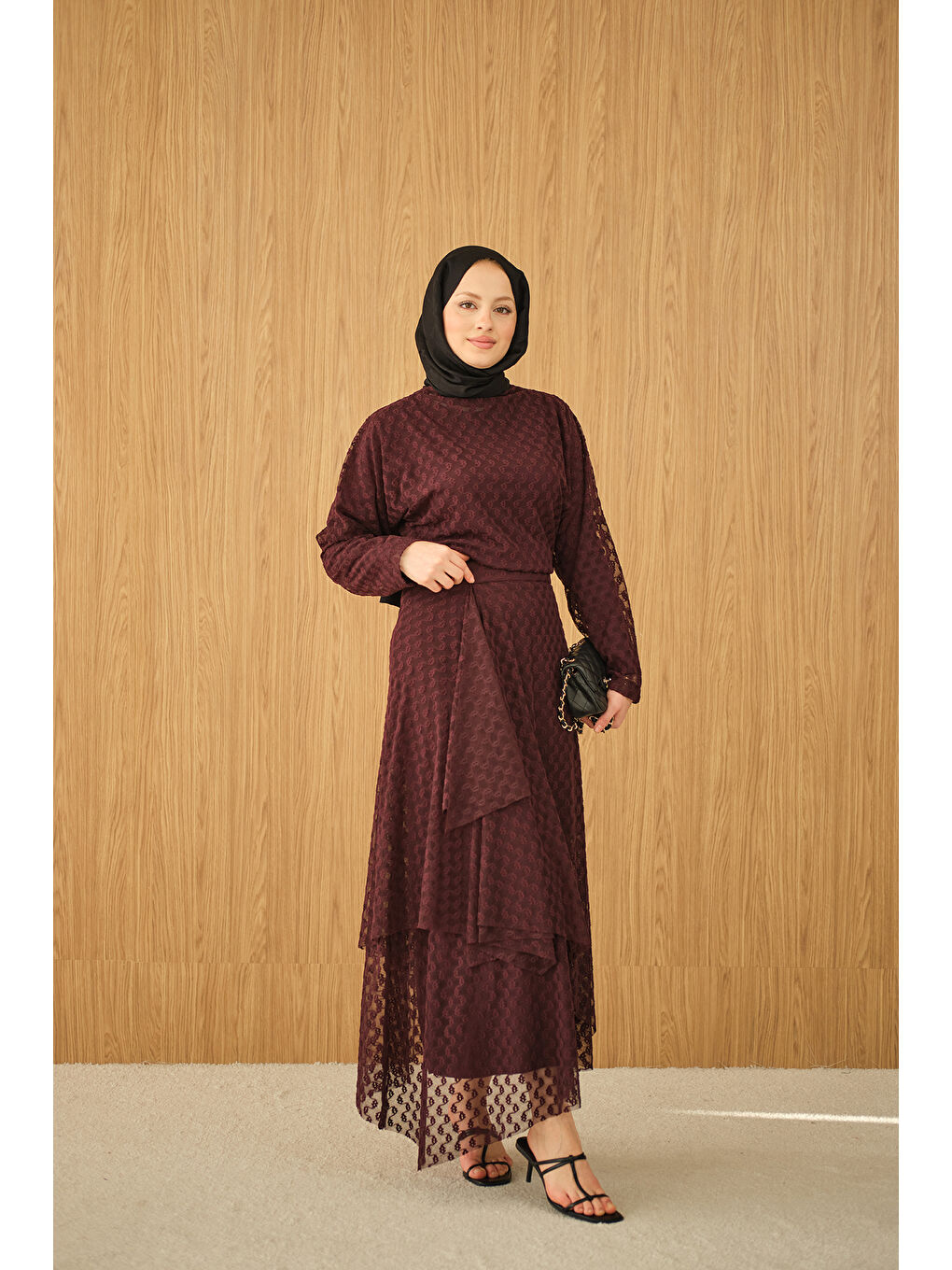 Kadın Kendinden Desenli Etekli Takım Bordo-4