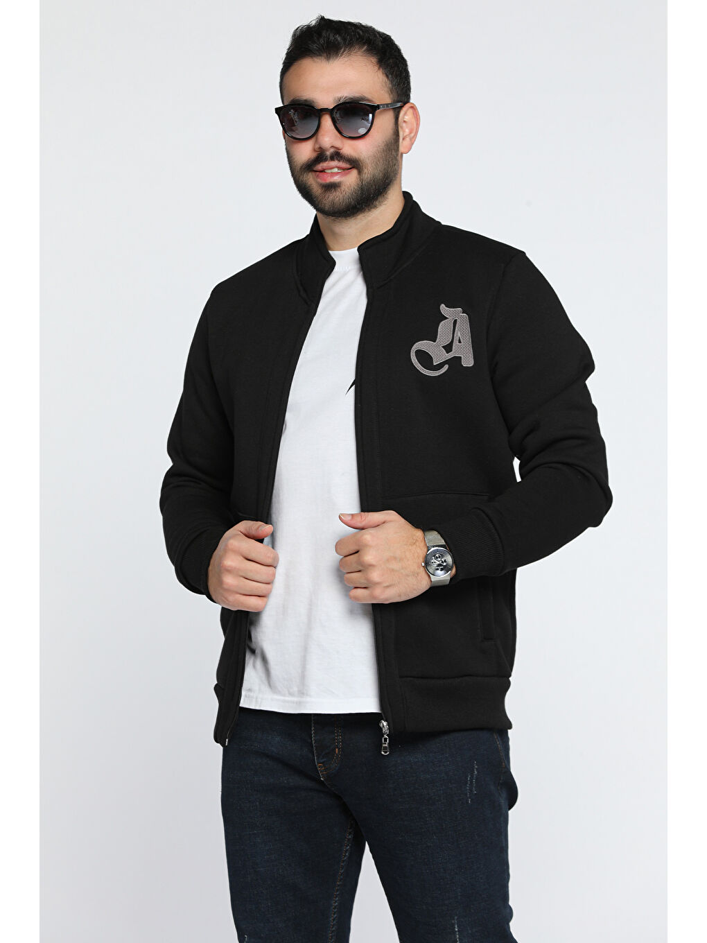 Mishar İtalia Siyah Erkek Nakışlı Fermuarlı Şardonlu Üç İplik Sweatshirt