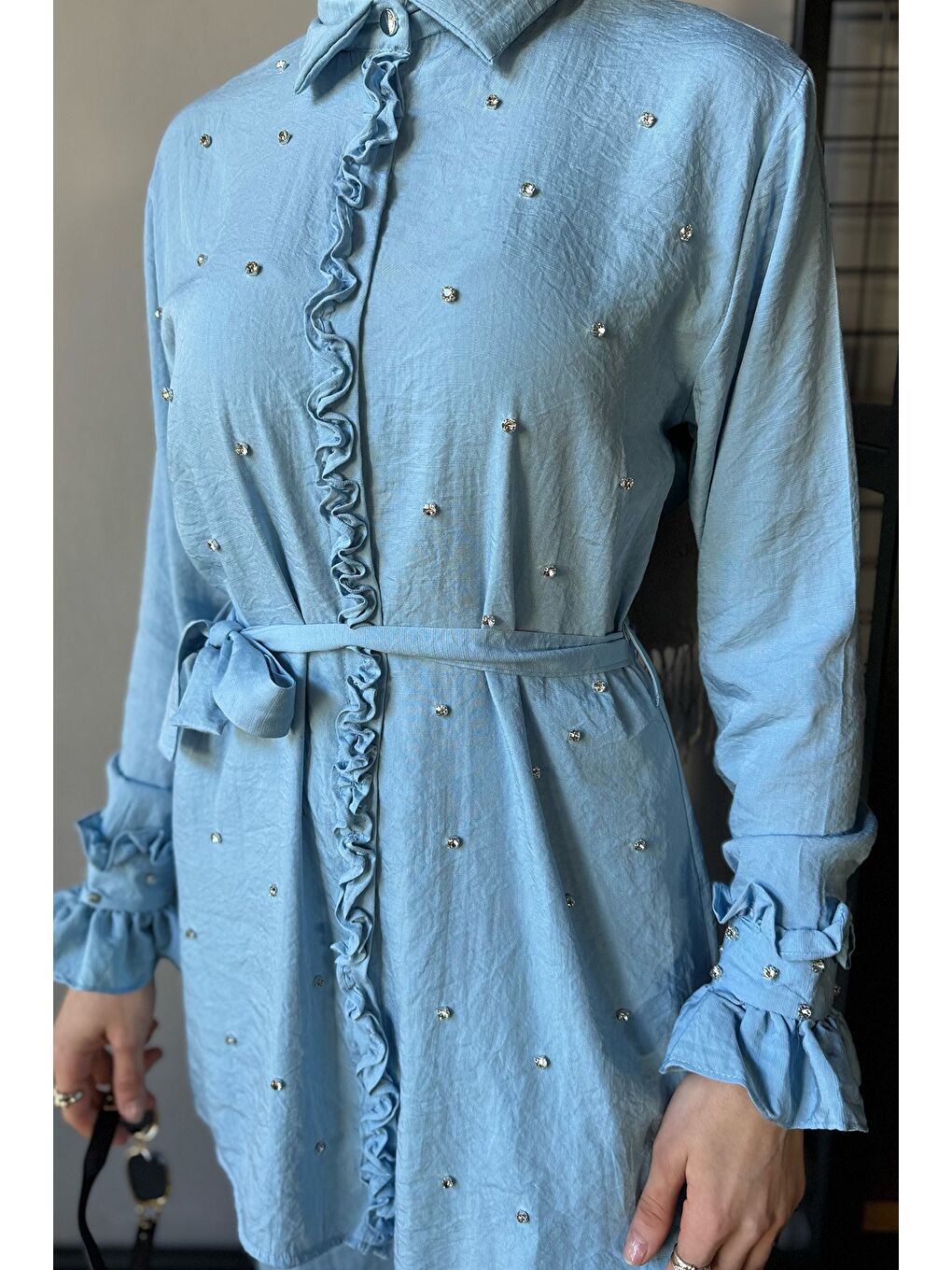 Mavi Tesettür Bel Kuşaklı Taşlı Tunik Pantolon İkili Takım-5