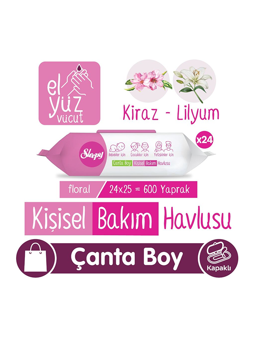 Floral Kişisel Bakım Havlusu Çanta Boy 24x25 (600 Yaprak)