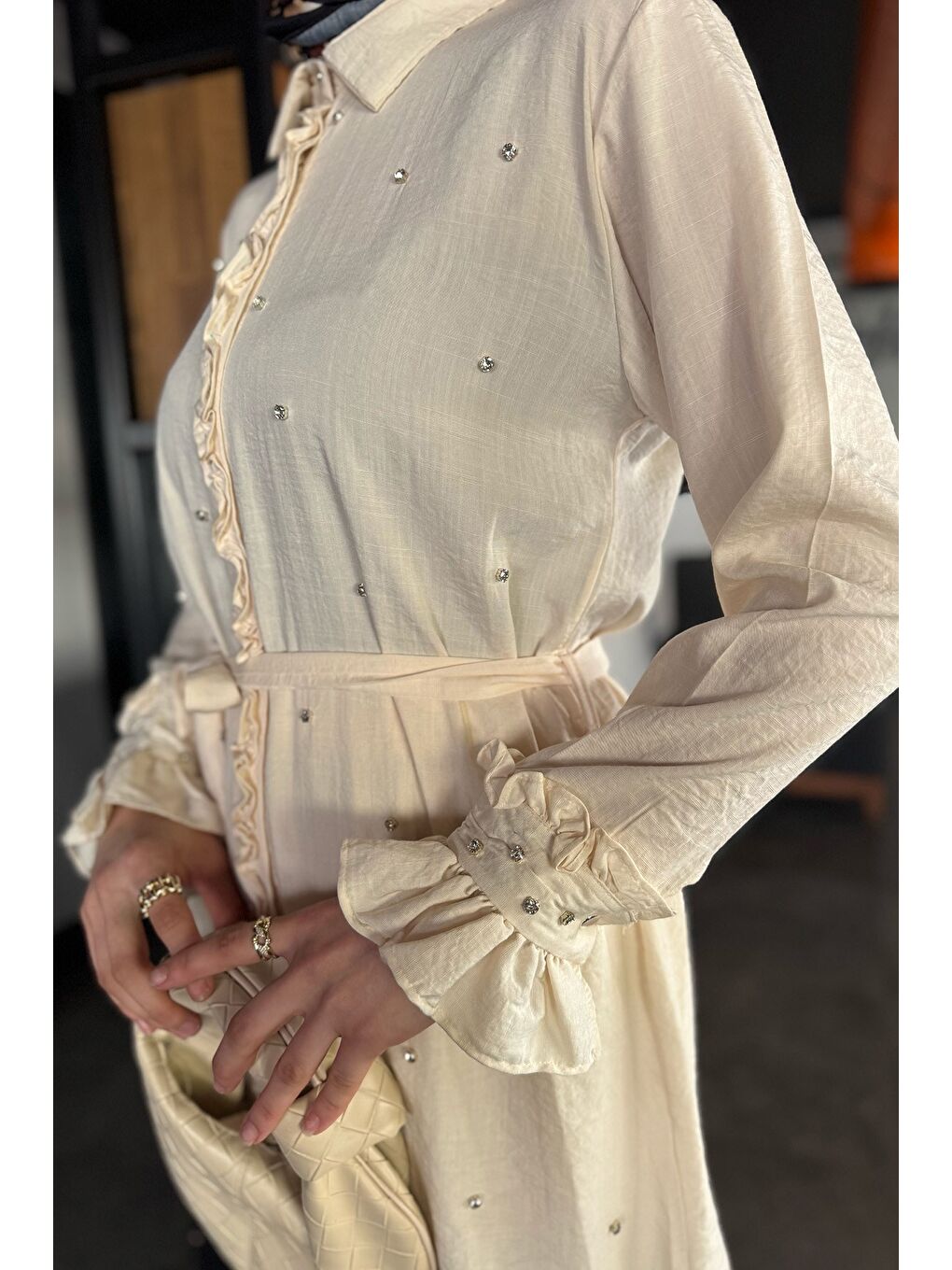 Ekru Tesettür Bel Kuşaklı Taşlı Tunik Pantolon İkili Takım-5