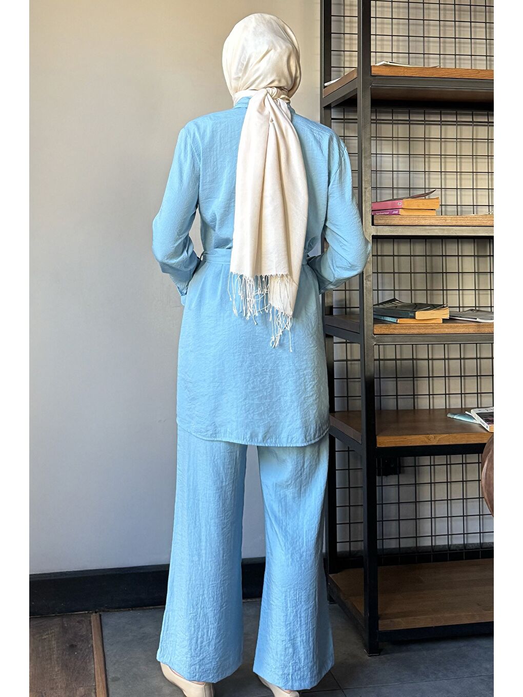 Mavi Tesettür Bel Kuşaklı Taşlı Tunik Pantolon İkili Takım-7