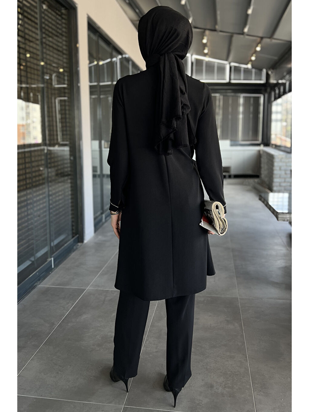 Siyah Kadın Büyük Beden Taşlı Tunik Pantolon Tesettür İkili Takım-7