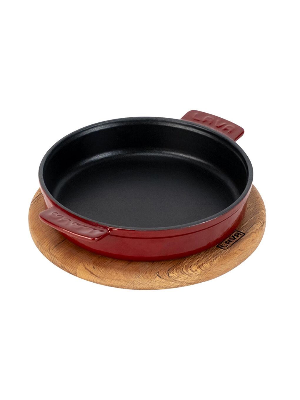 Bordo Yuvarlak Güveç Kabı Döküm Demir Yekpare Çift Kulplu Kayın Servis Ahşabı Çap(Ø)14cm.-1