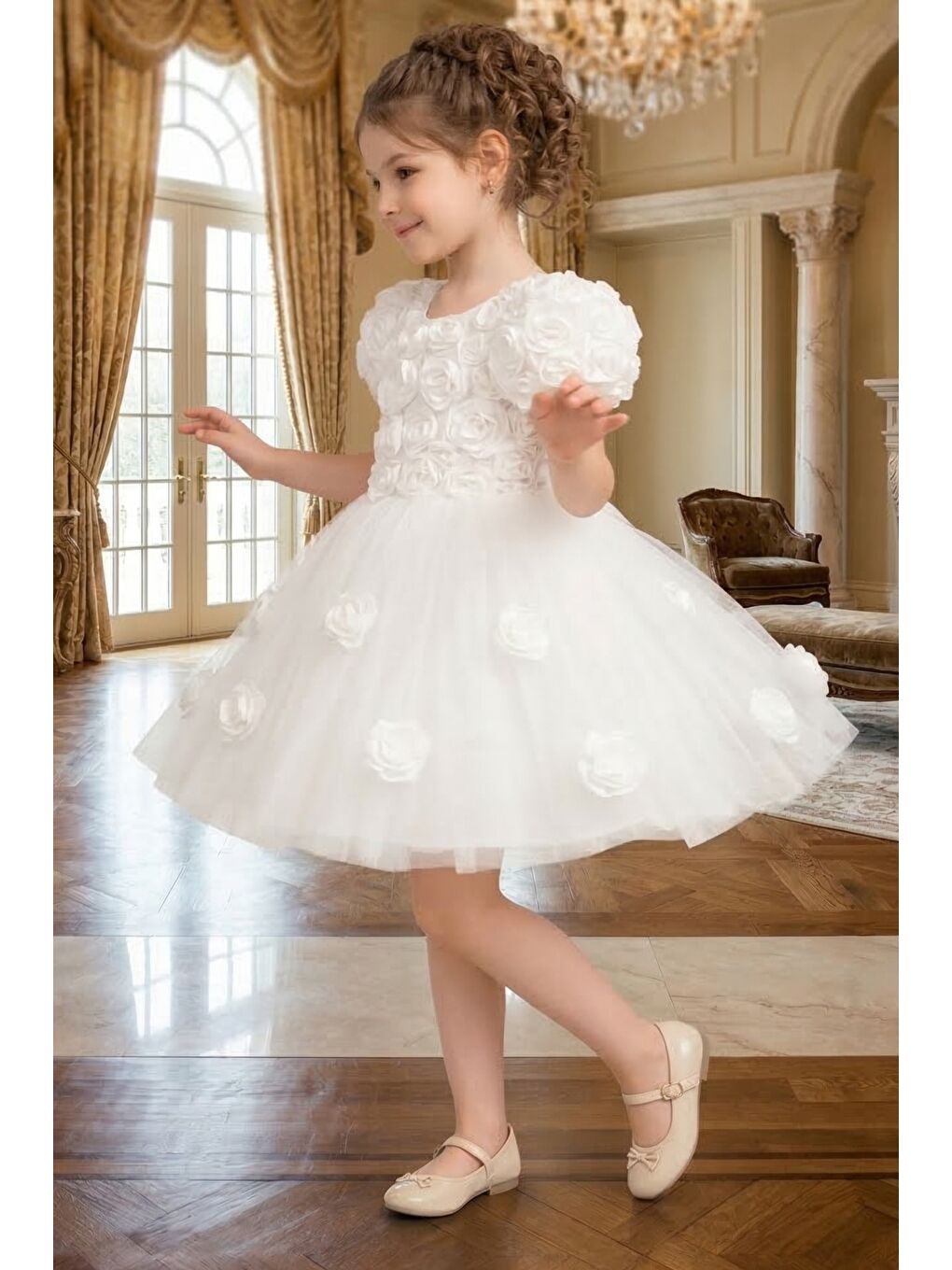 Beyaz Rosali Lase Detay Kız Tütü Abiye Elbise M00803