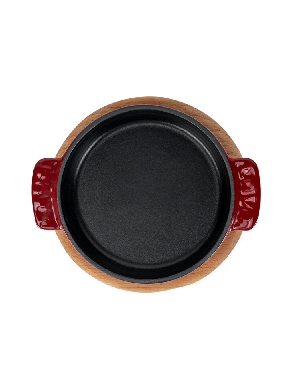 Bordo Yuvarlak Güveç Kabı Döküm Demir Yekpare Çift Kulplu Kayın Servis Ahşabı Çap(Ø)14cm.-2