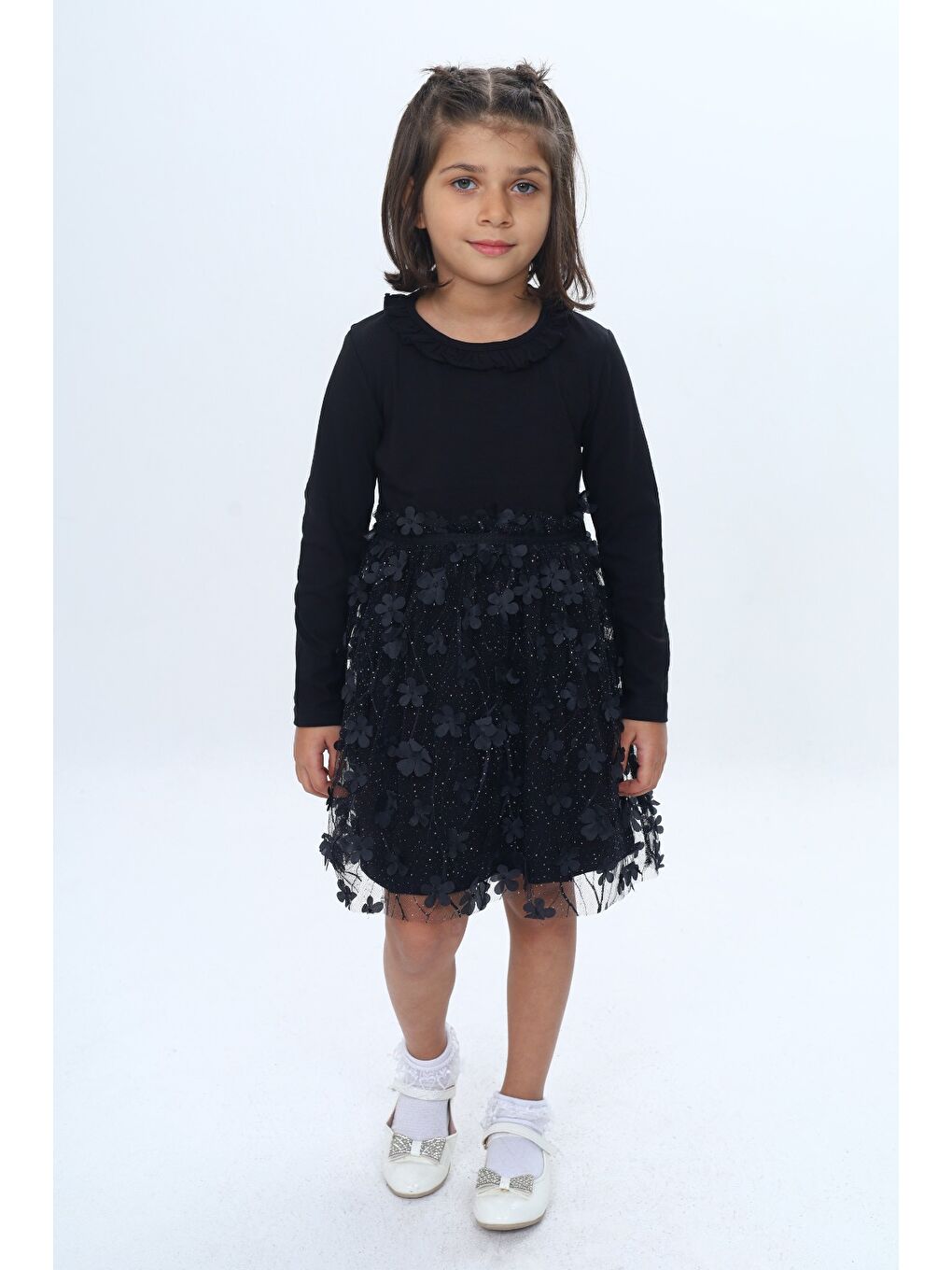 Siyah Kız Çocuk Yaka Fırfır Etek 34 Çiçekli Tüllü Elbise