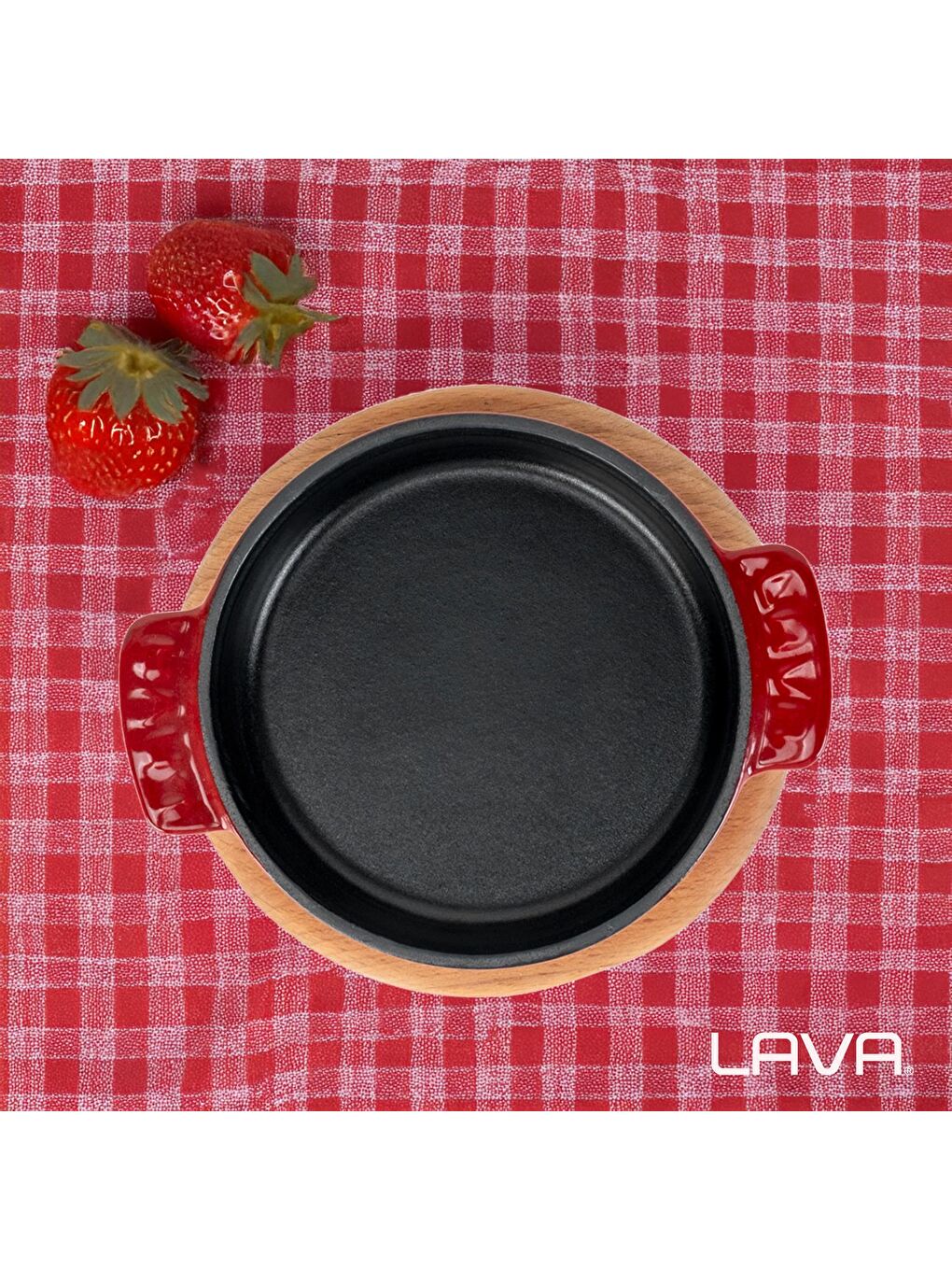 Bordo Yuvarlak Güveç Kabı Döküm Demir Yekpare Çift Kulplu Kayın Servis Ahşabı Çap(Ø)14cm.-3