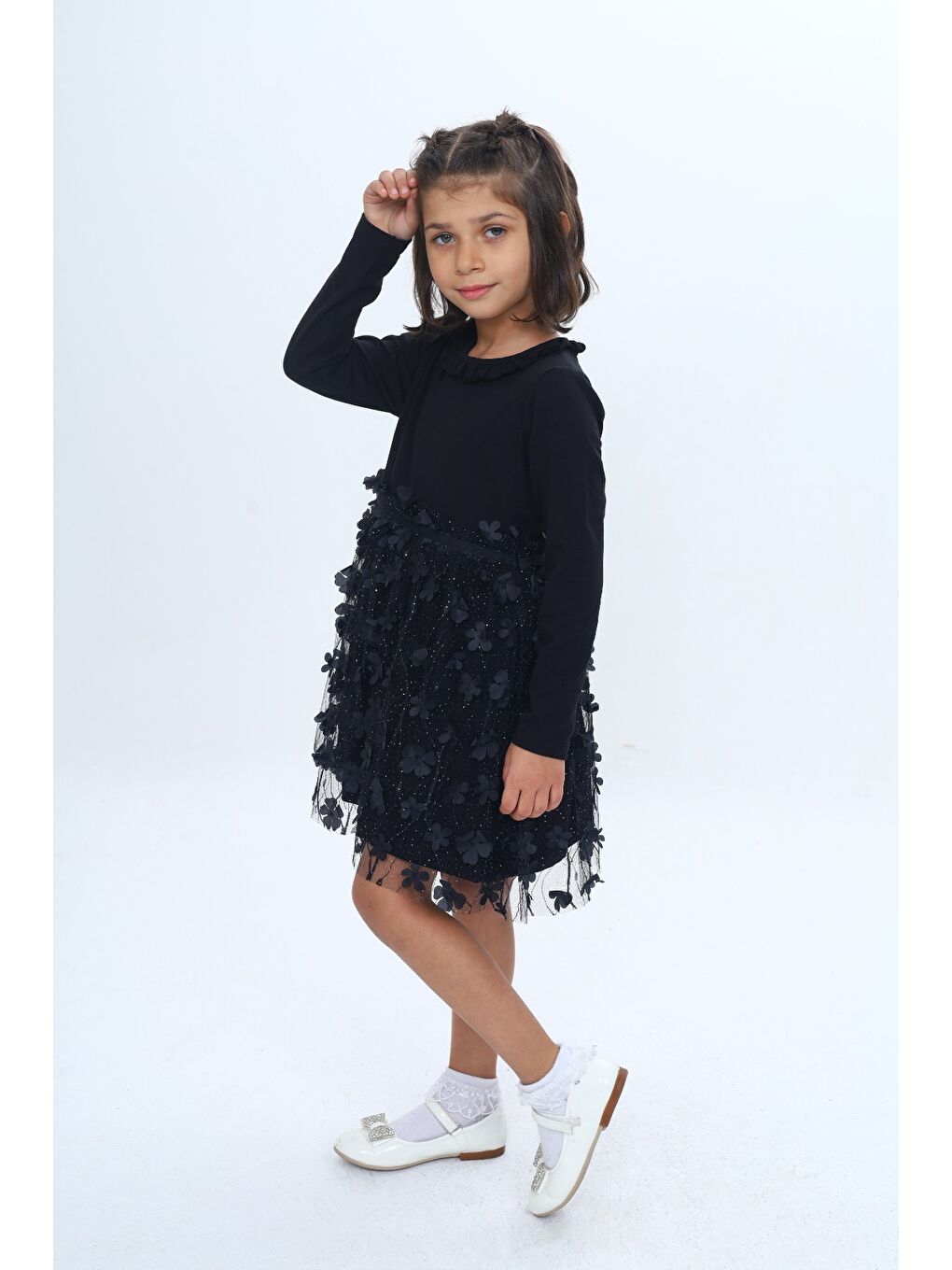 Siyah Kız Çocuk Yaka Fırfır Etek 34 Çiçekli Tüllü Elbise-1