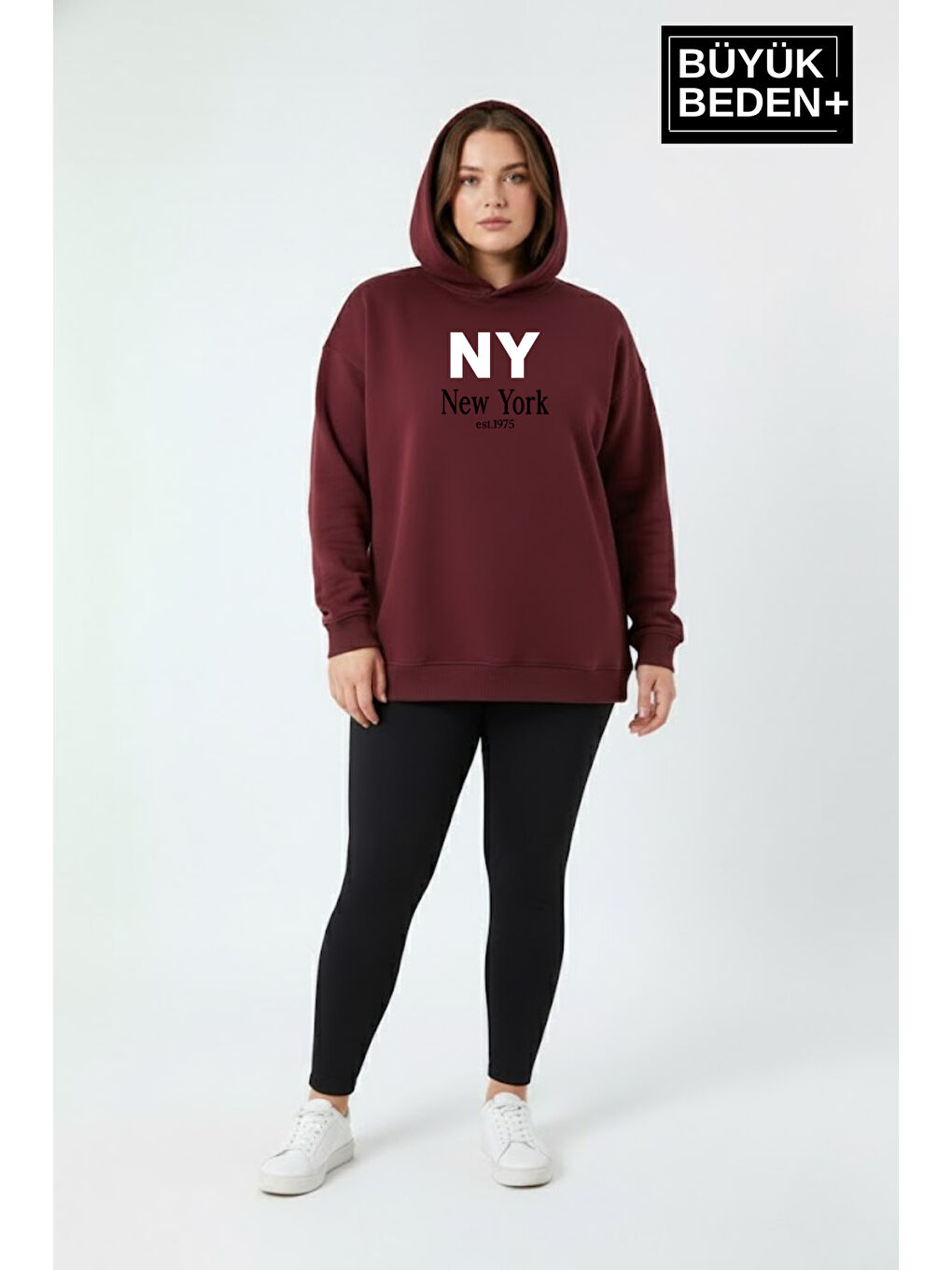 Bordo Kadın Büyük Beden Kapüşonlu NY NewYork Baskılı ince Swatshırt SPR26BSWK957-15