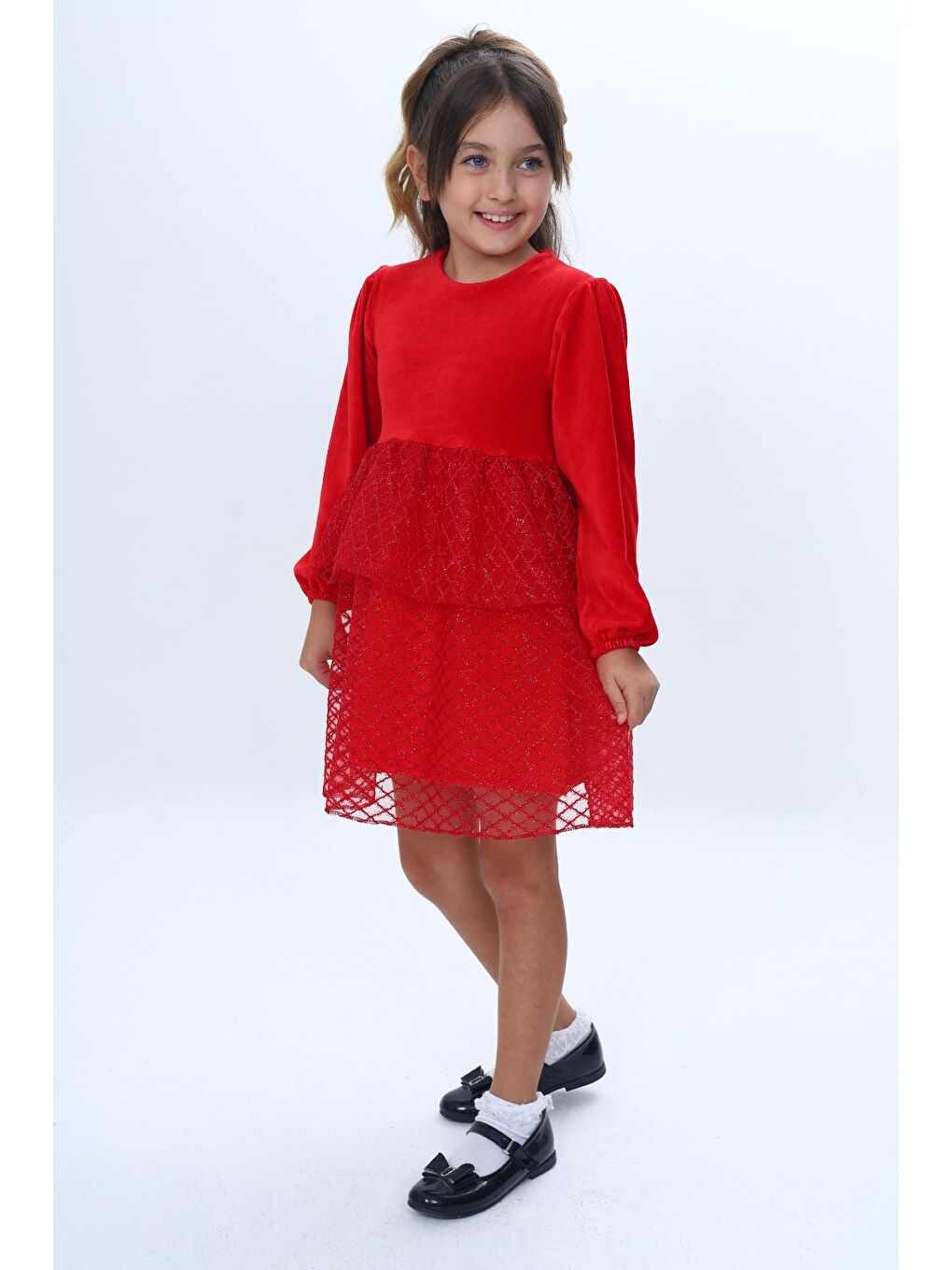 Kırmızı Kız Çocuk Kadife Kat Kat Fırfır Detaylı Elbise-2