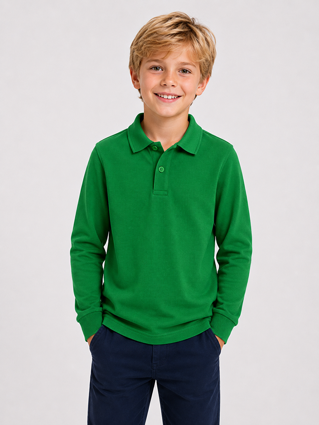 Yeşil Kids Polo Yaka Basic Uzun Kollu Unisex Erkek Çocuk Tişört