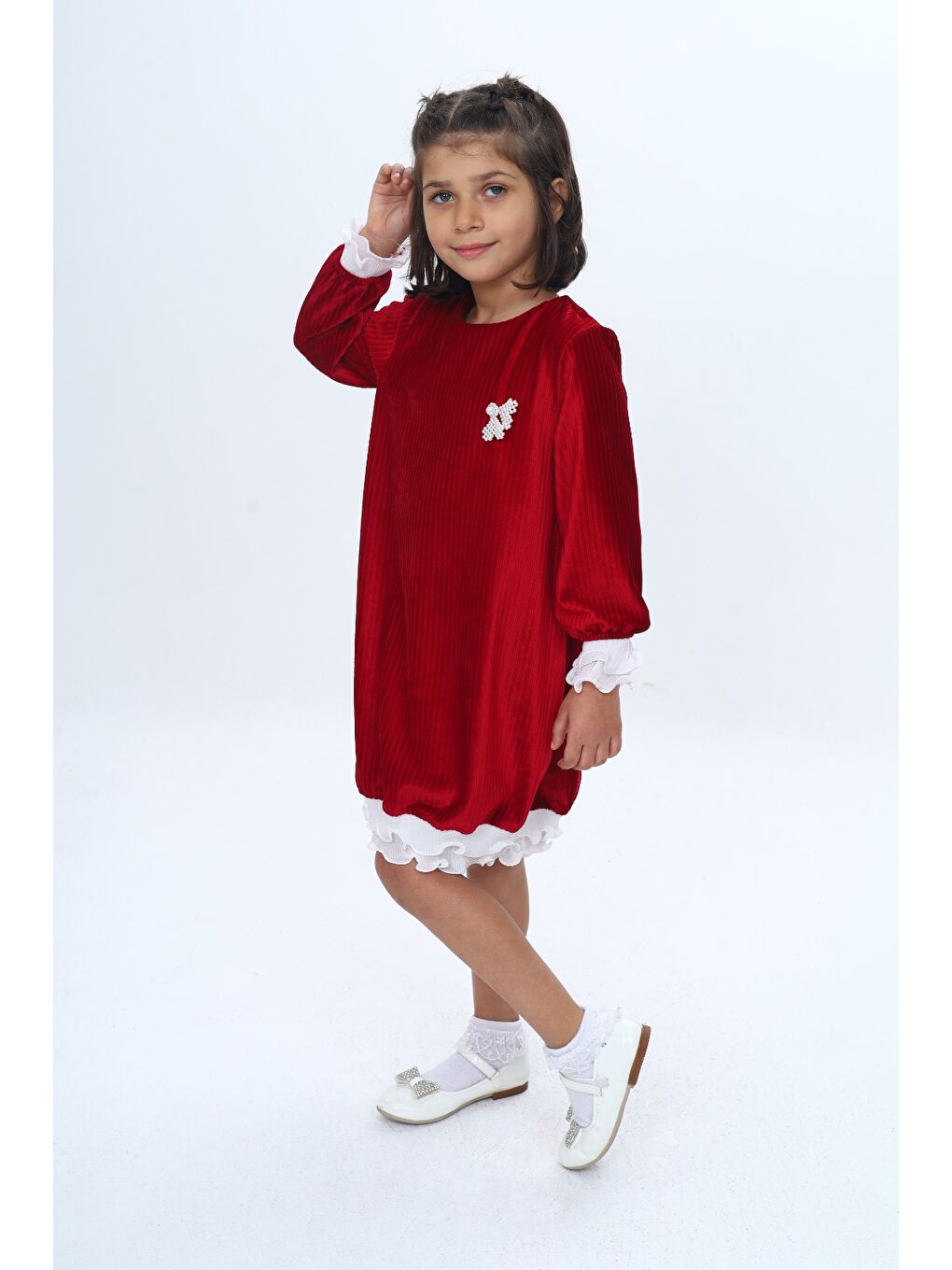 Siyah Kız Çocuk Kadife Fırfır Detaylı Elbise-1