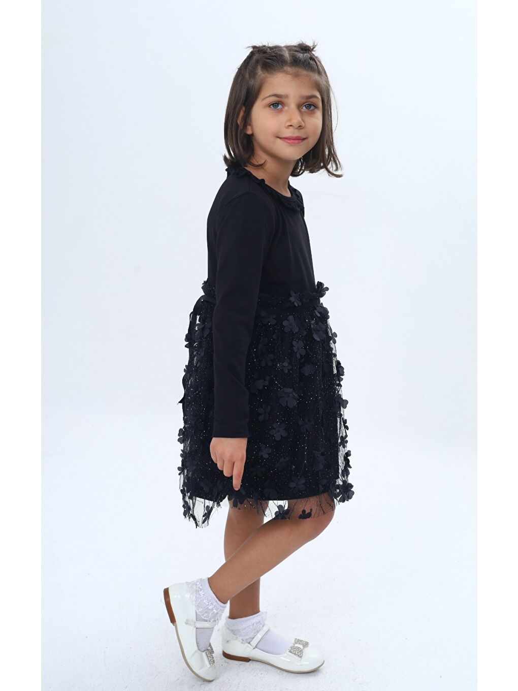 Siyah Kız Çocuk Yaka Fırfır Etek 34 Çiçekli Tüllü Elbise-2