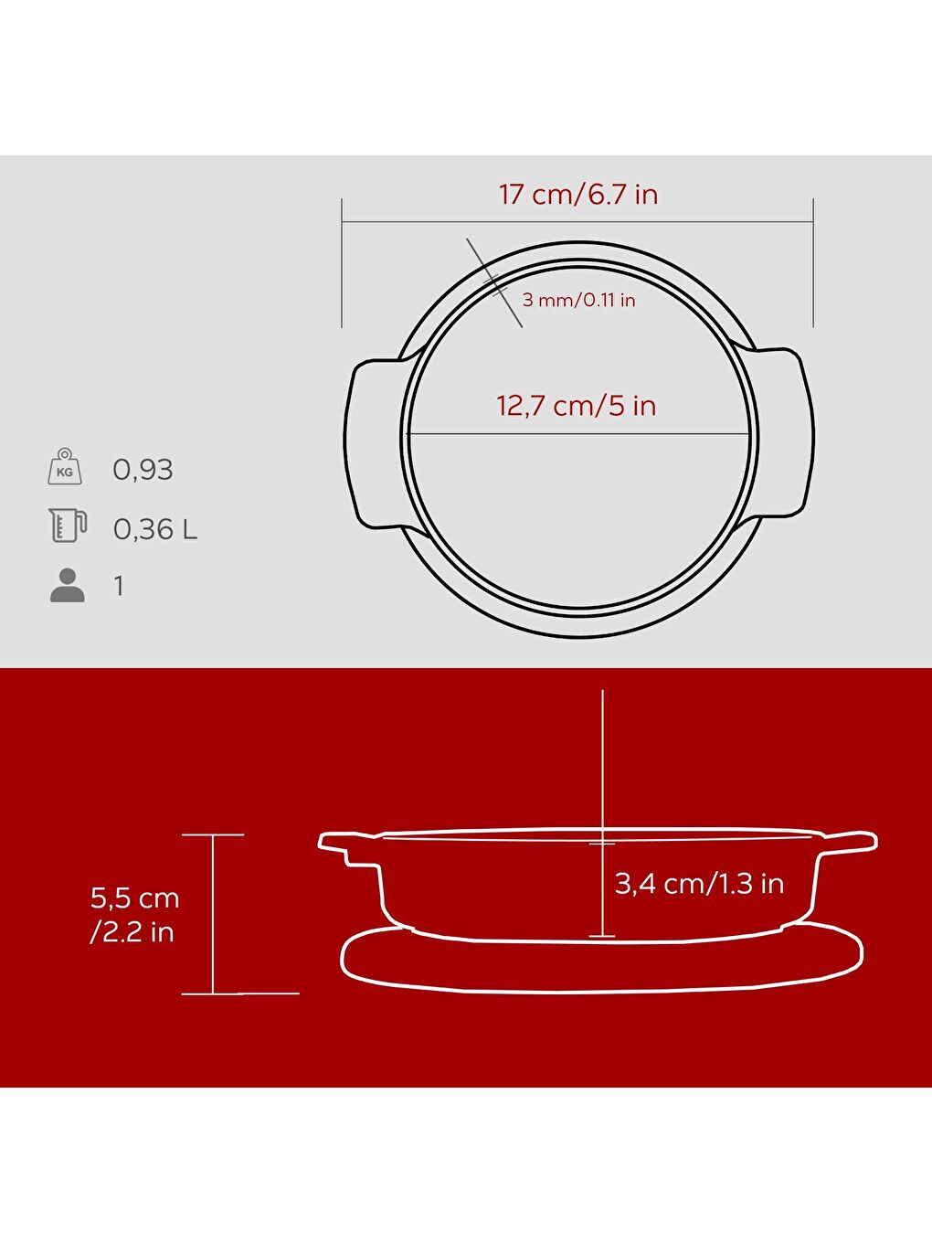 Bordo Yuvarlak Güveç Kabı Döküm Demir Yekpare Çift Kulplu Kayın Servis Ahşabı Çap(Ø)14cm.-4