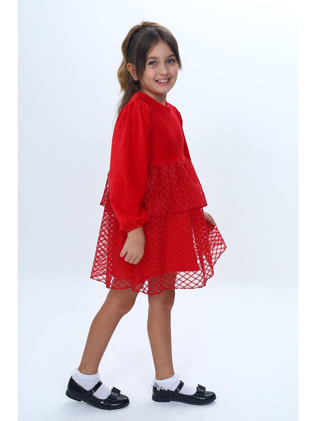 Kırmızı Kız Çocuk Kadife Kat Kat Fırfır Detaylı Elbise-3