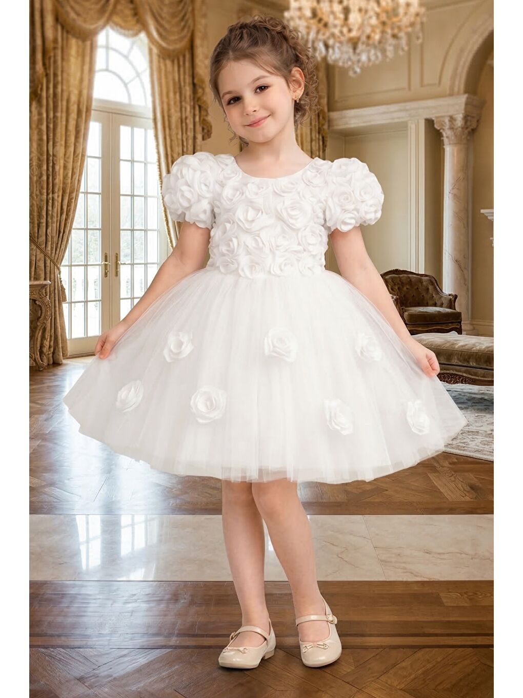 Beyaz Rosali Lase Detay Kız Tütü Abiye Elbise M00803-2