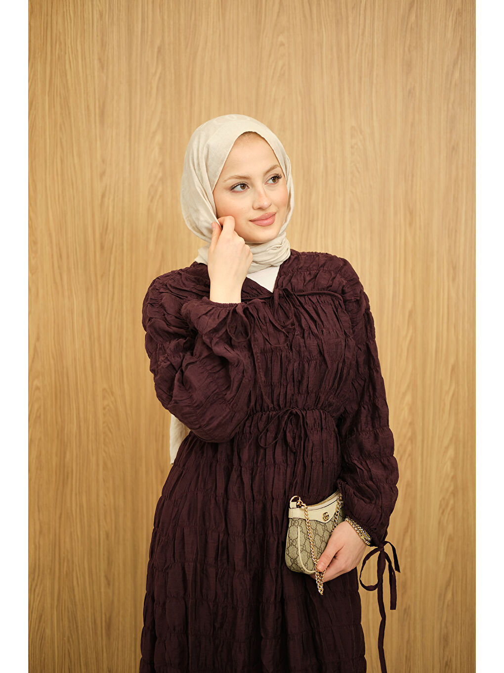 Kadın Büzgü Detay Bağcıklı Elbise Bordo-1