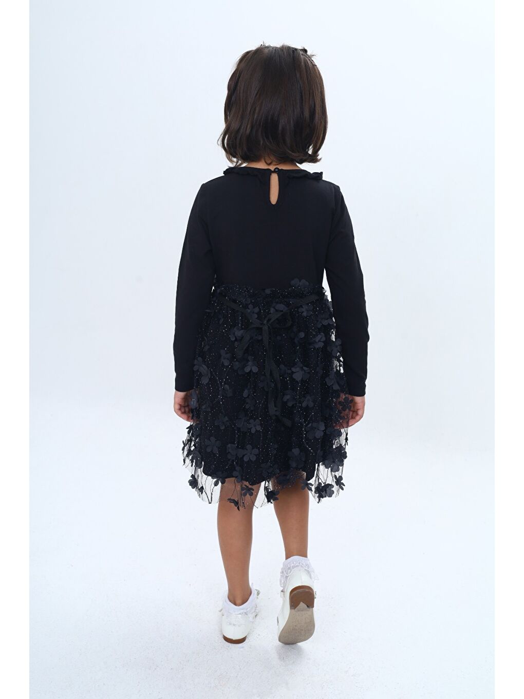 Siyah Kız Çocuk Yaka Fırfır Etek 34 Çiçekli Tüllü Elbise-3