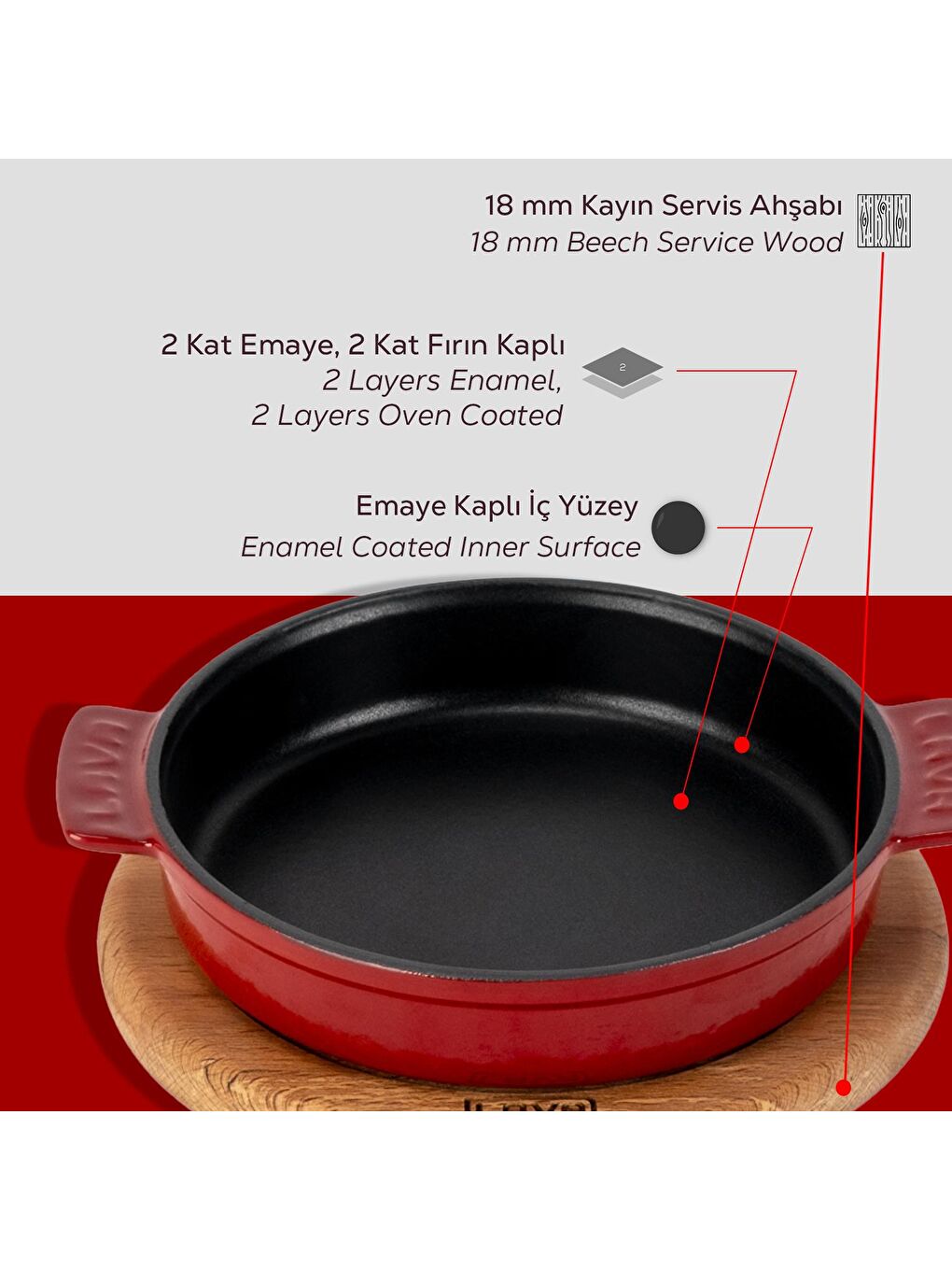 Bordo Yuvarlak Güveç Kabı Döküm Demir Yekpare Çift Kulplu Kayın Servis Ahşabı Çap(Ø)14cm.-5