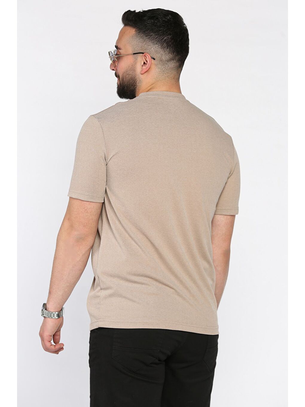 Bej Erkek Bisiklet Yaka Baskılı Tişört-2