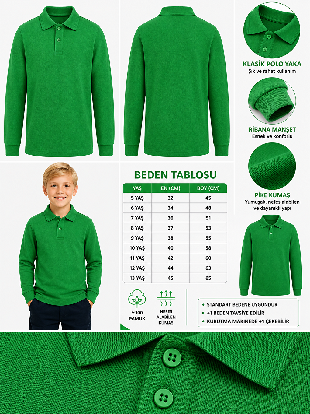 Yeşil Kids Polo Yaka Basic Uzun Kollu Unisex Erkek Çocuk Tişört-1