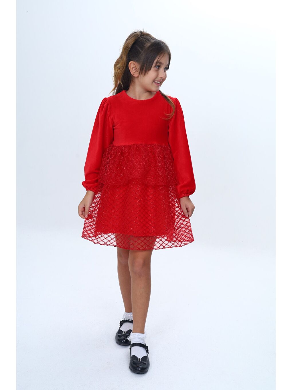 Kırmızı Kız Çocuk Kadife Kat Kat Fırfır Detaylı Elbise-4