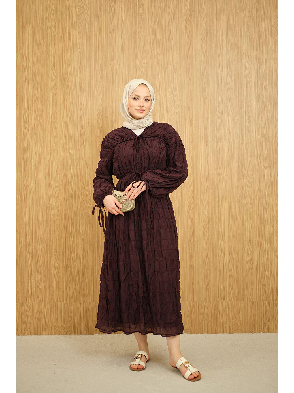 Kadın Büzgü Detay Bağcıklı Elbise Bordo-2