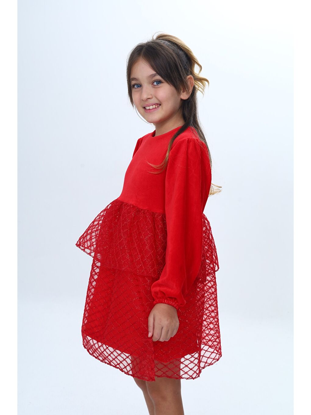 Kırmızı Kız Çocuk Kadife Kat Kat Fırfır Detaylı Elbise-5