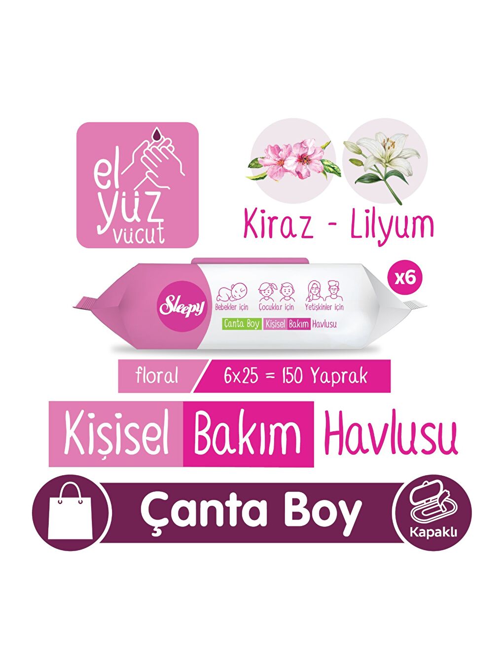 Floral Kişisel Bakım Havlusu Çanta Boy 6x25 (150 Yaprak)