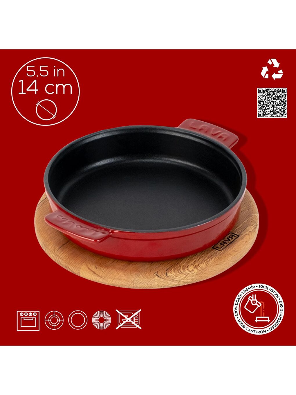 Bordo Yuvarlak Güveç Kabı Döküm Demir Yekpare Çift Kulplu Kayın Servis Ahşabı Çap(Ø)14cm.-6