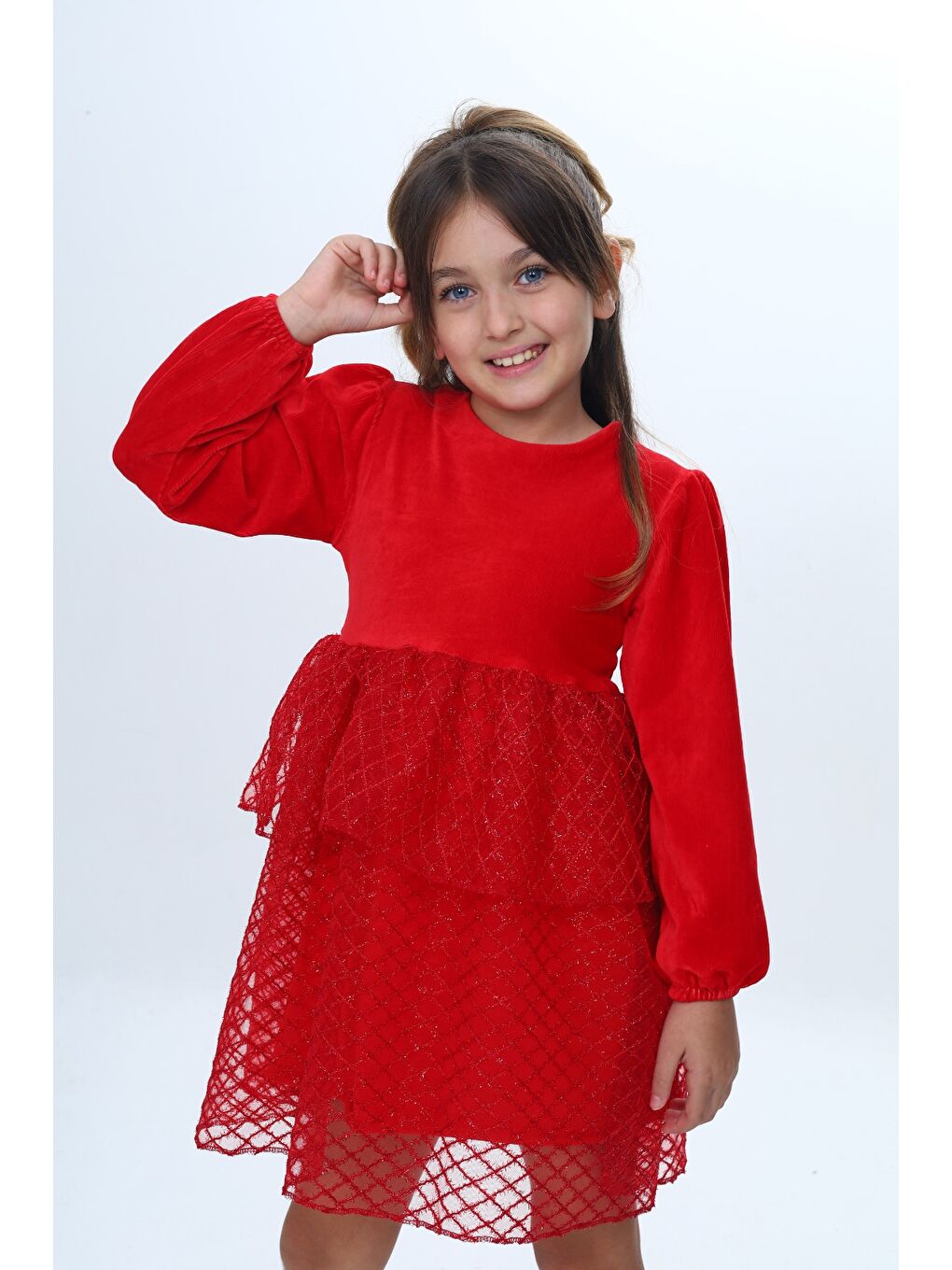 Kırmızı Kız Çocuk Kadife Kat Kat Fırfır Detaylı Elbise-6
