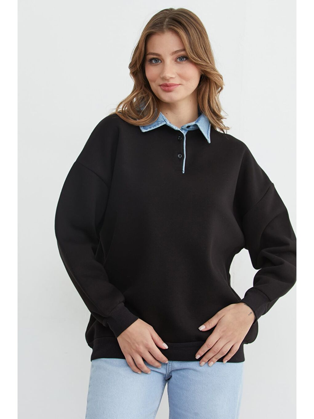 Siyah 3 İplik Jean Garnili Gömlek Yaka Oversize Sweatshirt