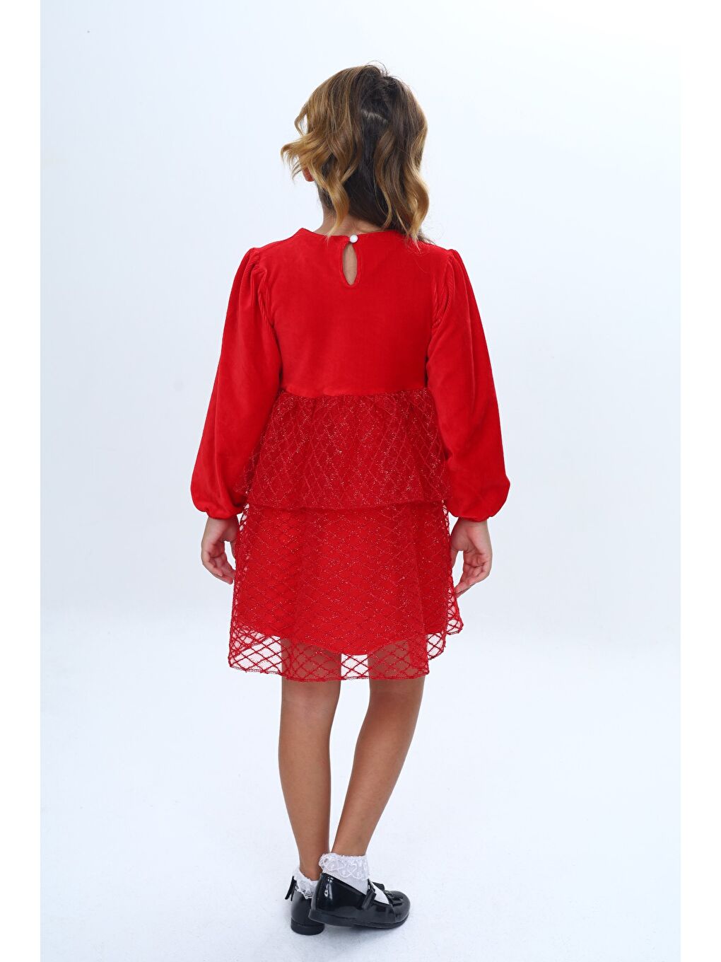 Kırmızı Kız Çocuk Kadife Kat Kat Fırfır Detaylı Elbise-7